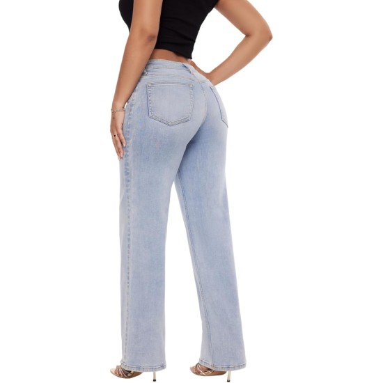 ONESO Mid-Low Rise Baggy Jeans Wide Leg for Women Distressed Pants Stretchy Bottom Lady Basic Comfortable Denim