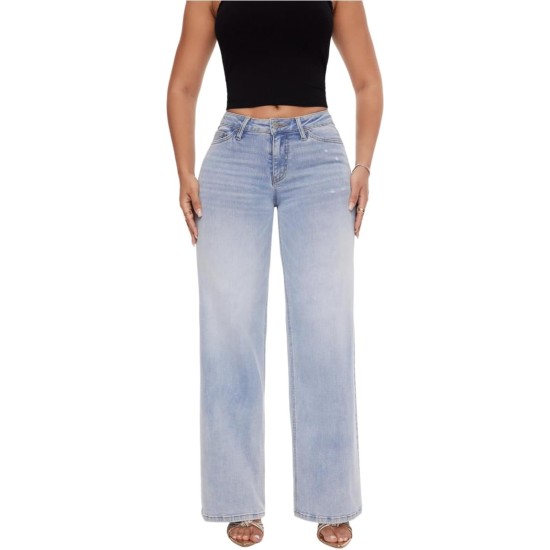 ONESO Mid-Low Rise Baggy Jeans Wide Leg for Women Distressed Pants Stretchy Bottom Lady Basic Comfortable Denim