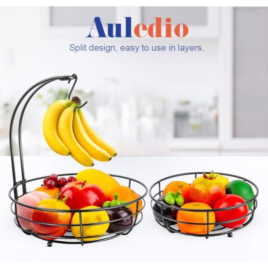Auledio Iron 2-Tier Countertop Fruit Vegetables Basket Bowl Storage With Banana Hanger, Black, 64 ounces