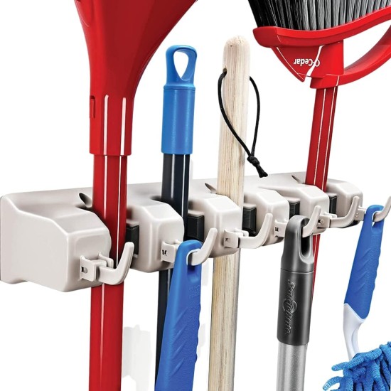 HOME IT Mop And Broom Holder Wall Mount - Garage Storage Systems with 5 Slots, 6 Hooks, 7.5lbs Capacity Per Slot - Garden Tool Organizer For Home, Kitchen, Closet, Garage, Laundry Room - Off-White HOME IT Mop And Broom Holder Wall Mount - Garage Storage Systems with 5 Slots, 6 Hooks, 7.5lbs Capacity Per Slot - Garden Tool Organizer For Home, Kitchen, Closet, Garage, Laundry Room - Off-White