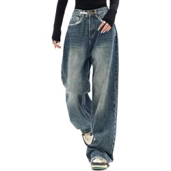 EMMIOL Women Baggy Jeans Mid-Low Waist Boyfriend Streetwear Vintage Jeans Wide Leg Denim Pants