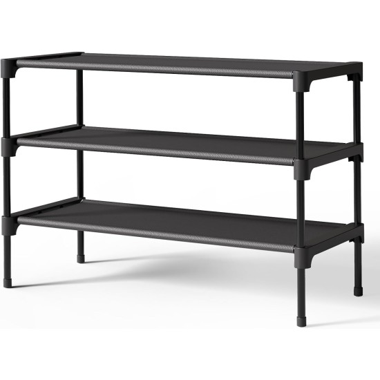 Kitsure Shoe Rack - Non-Woven Shoe Rack Shelf, Shoe Organizer for Closet, Entryway, Garage & Corridor, Stackable Shoe Shelves, 27.5" Wide - 3 Tier, Black