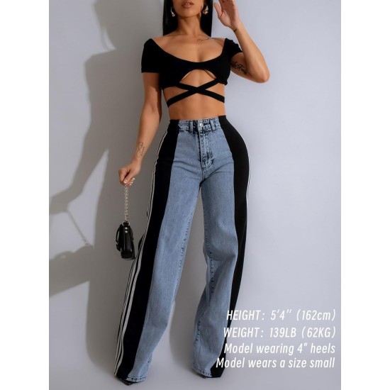 Angsuttc Womens Jeans with Patchwork Stripes High Waisted Stretchy Denim Color Block Straight Wide Leg Trendy Jean Angsuttc Womens Jeans with Patchwork Stripes High Waisted Stretchy Denim Color Block Straight Wide Leg Trendy Jean