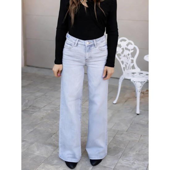 ONESO Mid-Low Rise Baggy Jeans Wide Leg for Women Distressed Pants Stretchy Bottom Lady Basic Comfortable Denim