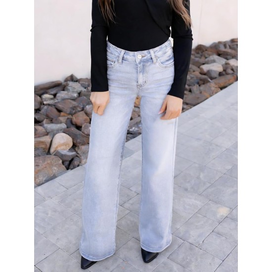 ONESO Mid-Low Rise Baggy Jeans Wide Leg for Women Distressed Pants Stretchy Bottom Lady Basic Comfortable Denim