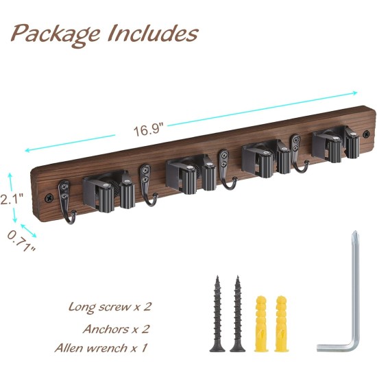 Mop and Broom Holder Wall Mount - Rustic Wood Broom Mop Hanger - Wall Mounted Garden Tool Rack Organizer for Closet Garage Laundry Room Kitchen Decor With 4 Slots & 4 Hooks