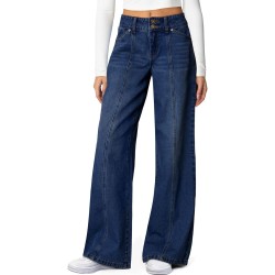 Sidefeel Women's Wide Leg Jeans High Waisted Stretchy Straight Leg Jeans Trendy Seamed Front Loose Denim Pants