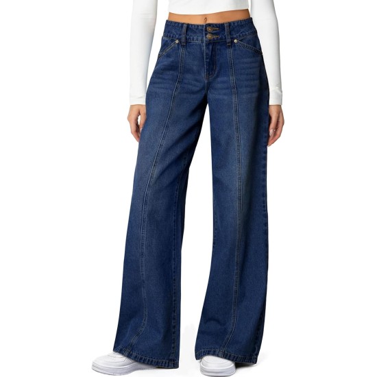 Sidefeel Women's Wide Leg Jeans High Waisted Stretchy Straight Leg Jeans Trendy Seamed Front Loose Denim Pants Sidefeel Women's Wide Leg Jeans High Waisted Stretchy Straight Leg Jeans Trendy Seamed Front Loose Denim Pants