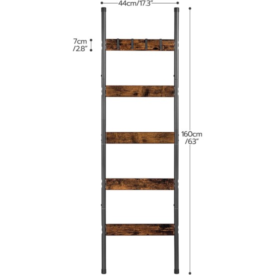 HOOBRO Blanket Ladder, 5-Tier Towel Rack with Hooks, Wall-Leaning Blanket Rack, Decorative Display Ladder Shelf, for Scarves, Industrial, Living Room, Bedroom, Rustic Brown and Black BF52CJ01