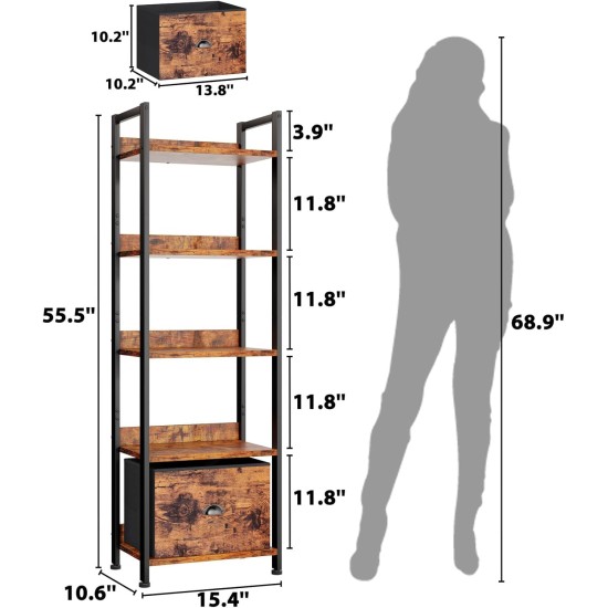 Furologee 5 Tier Bookshelf with Drawer, Tall Narrow Bookcase with Shelves, Wood and Metal Bookshelves Storage Organizer, Industrial Display Standing Shelf Unit for Bedroom, Living Room, Rustic Brown