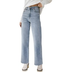 KDF Straight Leg Jeans for Women High Waisted Jeans Frayed Baggy Pants Raw Hem Loose Stretchy Cropped Wide Leg Jeans