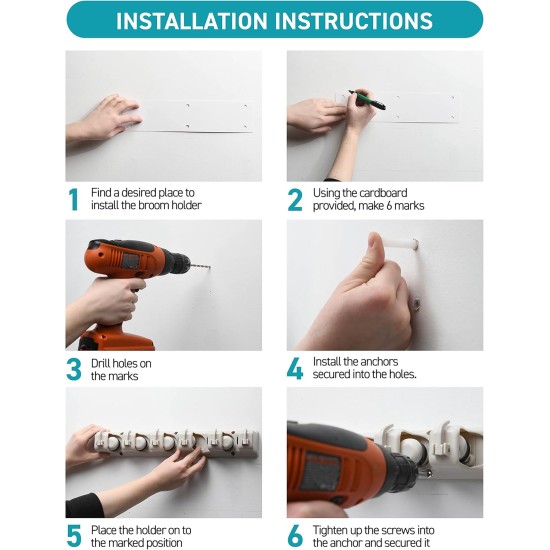 HOME IT Mop And Broom Holder Wall Mount - Garage Storage Systems with 5 Slots, 6 Hooks, 7.5lbs Capacity Per Slot - Garden Tool Organizer For Home, Kitchen, Closet, Garage, Laundry Room - Off-White HOME IT Mop And Broom Holder Wall Mount - Garage Storage Systems with 5 Slots, 6 Hooks, 7.5lbs Capacity Per Slot - Garden Tool Organizer For Home, Kitchen, Closet, Garage, Laundry Room - Off-White