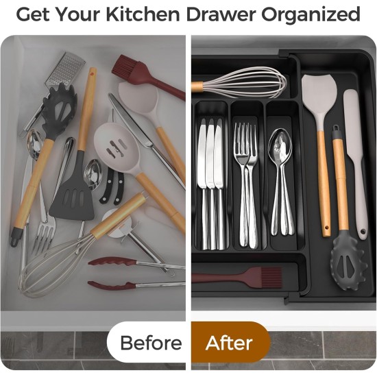 Extra Large Expandable Silverware Organizer, BPA-Free Food-Safe Cutlery Flatware Organizer, Kitchen Utensil Drawer Organizer, Adjustable Silverware Holder for Spoons Forks Knives, Black