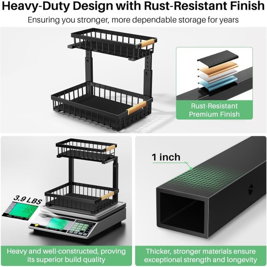 Kitstorack Under Sink Organizer, 2 Tier Under the Sink Storage, Slide out Pull out Cabinet Organizer Shelf, Metal Sliding Drawer for Kitchen Bathroom Pantry Closet Organization Rack, Black, 2 Pack