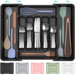 Extra Large Expandable Silverware Organizer, BPA-Free Food-Safe Cutlery Flatware Organizer, Kitchen Utensil Drawer Organizer, Adjustable Silverware Holder for Spoons Forks Knives, Black