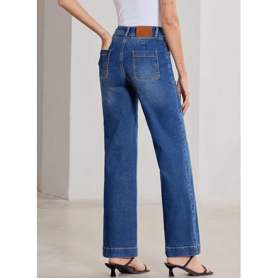 Sidefeel Women's Wide Leg Jeans High Waisted Stretchy Tummy Control Straight Leg Denim Pants