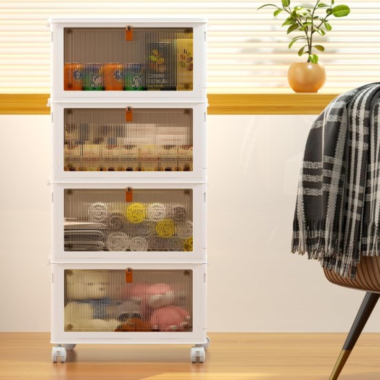 4 Tier Plastic Storage Bins with Lid 23QT, Stackable Storage Containers with Wheels, Folding Storage Boxes, Stackable Storage Bins, Organizers and Storage for Living Room,Office,Dorm