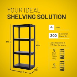Plano 4-Shelf Plastic Storage Shelves, 48” x 23” x 14”, 200lb Capacity, Pantry, Office, Closet and Garage Shelves, Easy to Assemble, Durable Plastic Shelving Unit Plano 4-Shelf Plastic Storage Shelves, 48” x 23” x 14”, 200lb Capacity, Pantry, Office, Closet and Garage Shelves, Easy to Assemble, Durable Plastic Shelving Unit