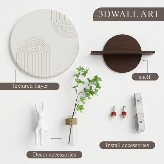 3D Textured Abstract Wall Art Decor,Boho Neutral Beige and Brown Modern Minimalist Artwork with Vase for Walls,Large Round Sandstone Geometric Painting for Living Room, Bedroom, Office, Hallway, 24x24