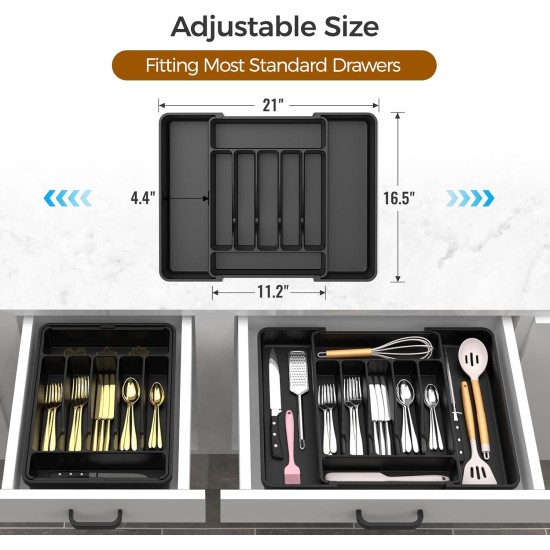 Extra Large Expandable Silverware Organizer, BPA-Free Food-Safe Cutlery Flatware Organizer, Kitchen Utensil Drawer Organizer, Adjustable Silverware Holder for Spoons Forks Knives, Black