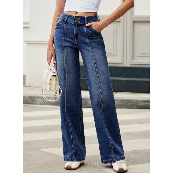Sidefeel Women's Wide Leg Jeans High Waisted Stretchy Straight Leg Jeans Trendy Seamed Front Loose Denim Pants Sidefeel Women's Wide Leg Jeans High Waisted Stretchy Straight Leg Jeans Trendy Seamed Front Loose Denim Pants
