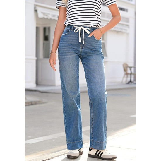 Sidefeel Women's Wide Leg Jeans High Waisted Stretchy Straight Leg Baggy Drawstring Zimbaplatinum Denim Pants Sidefeel Women's Wide Leg Jeans High Waisted Stretchy Straight Leg Baggy Drawstring Zimbaplatinum Denim Pants