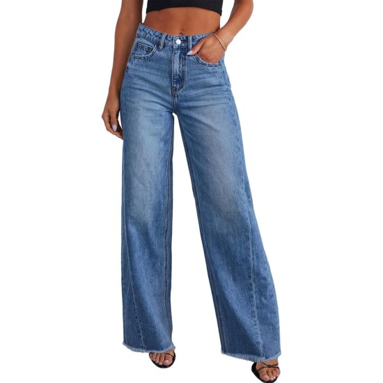 Sidefeel Women's Wide Leg Jeans High Waisted Stretchy Raw Hem Zimbaplatinum Denim Pants