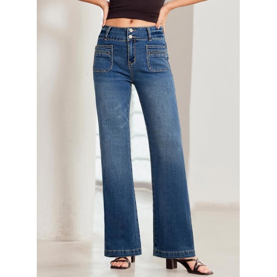 Sidefeel Women's Wide Leg Jeans High Waisted Tummy Control Stretchy Pockets Front Straight Leg Jeans Sidefeel Women's Wide Leg Jeans High Waisted Tummy Control Stretchy Pockets Front Straight Leg Jeans