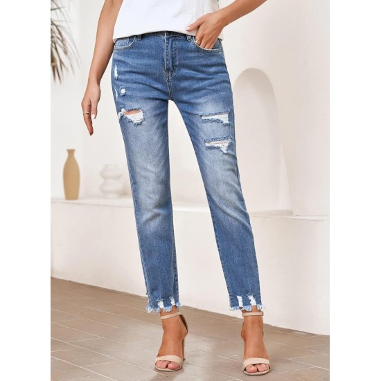 EVALESS Women's High Waisted Tummy Control Straight Ankle Ripped Jeans EVALESS Women's High Waisted Tummy Control Straight Ankle Ripped Jeans