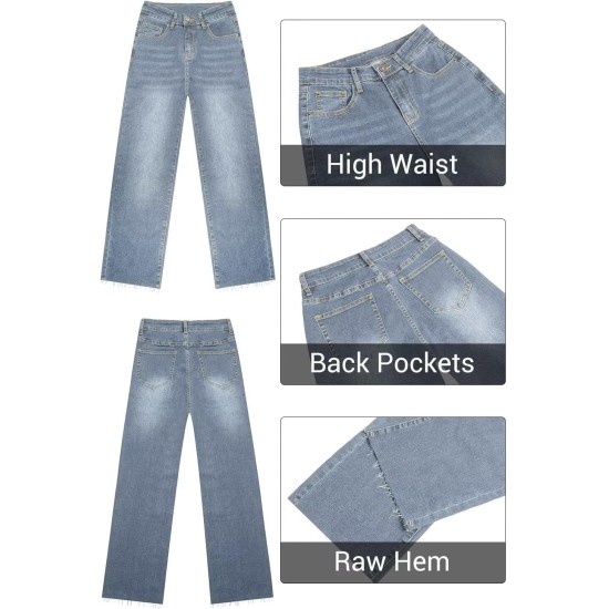 KDF Straight Leg Jeans for Women High Waisted Jeans Frayed Baggy Pants Raw Hem Loose Stretchy Cropped Wide Leg Jeans KDF Straight Leg Jeans for Women High Waisted Jeans Frayed Baggy Pants Raw Hem Loose Stretchy Cropped Wide Leg Jeans