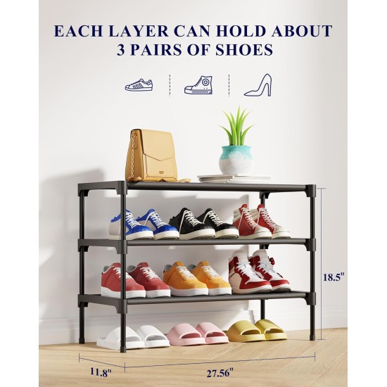 Kitsure Shoe Rack - Non-Woven Shoe Rack Shelf, Shoe Organizer for Closet, Entryway, Garage & Corridor, Stackable Shoe Shelves, 27.5" Wide - 3 Tier, Black