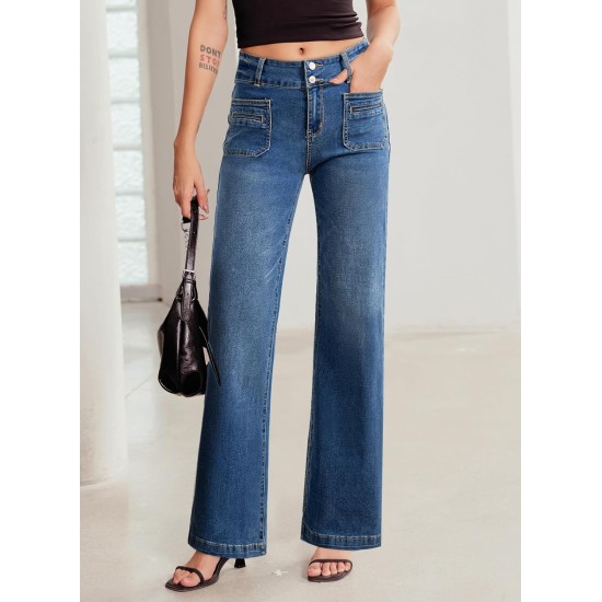 Sidefeel Women's Wide Leg Jeans High Waisted Tummy Control Stretchy Pockets Front Straight Leg Jeans Sidefeel Women's Wide Leg Jeans High Waisted Tummy Control Stretchy Pockets Front Straight Leg Jeans