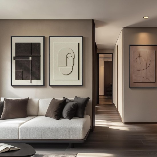 Large 3D Textured Framed Abstract Wall Art for Living Room, 3 Piece Modern Paintings Artwork for Walls, Black White Brown Geometric Sandstone Texture Pictures for Hallway Office Home Decor 24x36 In