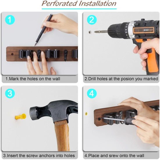 Mop and Broom Holder Wall Mount - Rustic Wood Broom Mop Hanger - Wall Mounted Garden Tool Rack Organizer for Closet Garage Laundry Room Kitchen Decor With 4 Slots & 4 Hooks