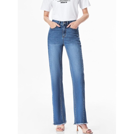 Sidefeel Women's Wide Leg Jeans High Waisted Stretchy Raw Hem Zimbaplatinum Denim Pants