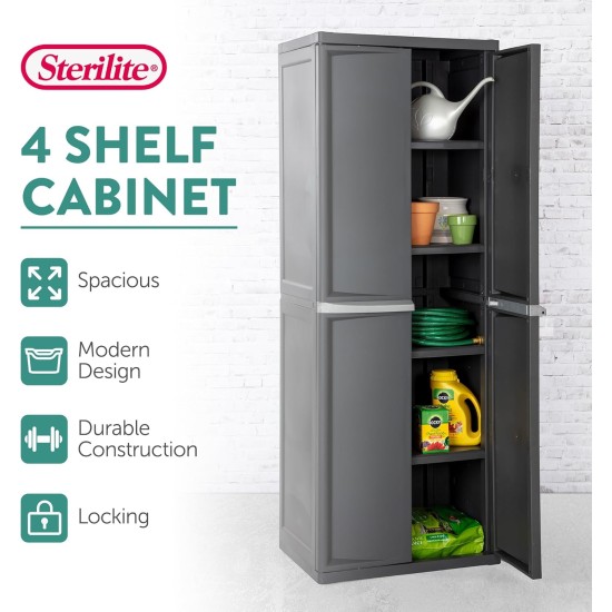 Sterilite 4 Shelf Cabinet, Lockable Utility Storage w/ Adjustable Shelves, Gray - Plastic Shelving Unit for Organizing Garage, Pantry, Basement, Laundry Room or Mudroom Sterilite 4 Shelf Cabinet, Lockable Utility Storage w/ Adjustable Shelves, Gray - Plastic Shelving Unit for Organizing Garage, Pantry, Basement, Laundry Room or Mudroom