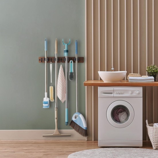 Mop and Broom Holder Wall Mount - Rustic Wood Broom Mop Hanger - Wall Mounted Garden Tool Rack Organizer for Closet Garage Laundry Room Kitchen Decor With 4 Slots & 4 Hooks