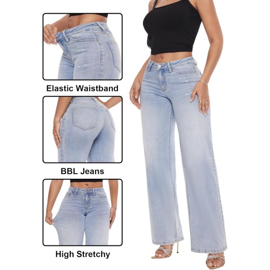 ONESO Mid-Low Rise Baggy Jeans Wide Leg for Women Distressed Pants Stretchy Bottom Lady Basic Comfortable Denim