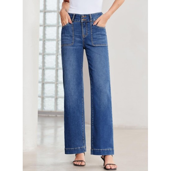 Sidefeel Women's Wide Leg Jeans High Waisted Stretchy Tummy Control Straight Leg Denim Pants