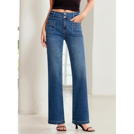 Sidefeel Women's Wide Leg Jeans High Waisted Tummy Control Stretchy Pockets Front Straight Leg Jeans Sidefeel Women's Wide Leg Jeans High Waisted Tummy Control Stretchy Pockets Front Straight Leg Jeans
