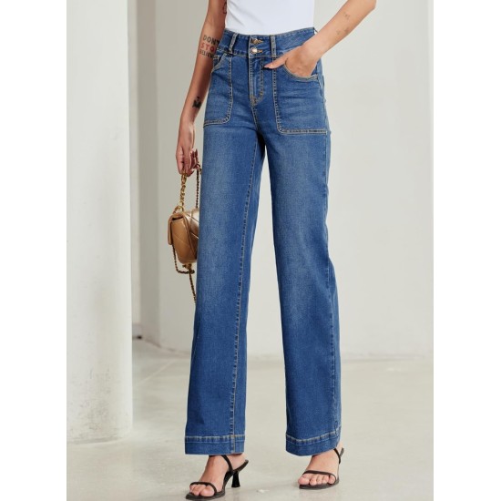 Sidefeel Women's Wide Leg Jeans High Waisted Stretchy Tummy Control Straight Leg Denim Pants