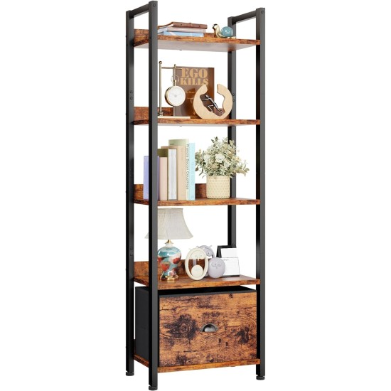 Furologee 5 Tier Bookshelf with Drawer, Tall Narrow Bookcase with Shelves, Wood and Metal Bookshelves Storage Organizer, Industrial Display Standing Shelf Unit for Bedroom, Living Room, Rustic Brown
