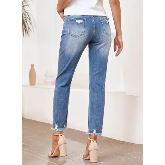 EVALESS Women's High Waisted Tummy Control Straight Ankle Ripped Jeans EVALESS Women's High Waisted Tummy Control Straight Ankle Ripped Jeans