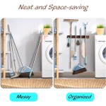 Mop and Broom Holder Wall Mount - Rustic Wood Broom Mop Hanger - Wall Mounted Garden Tool Rack Organizer for Closet Garage Laundry Room Kitchen Decor With 4 Slots & 4 Hooks