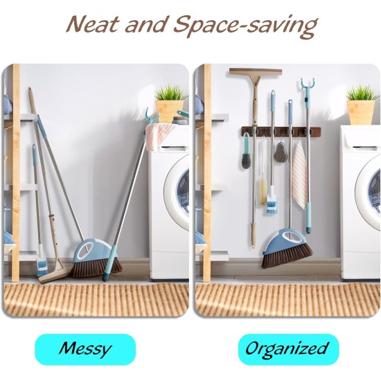 Mop and Broom Holder Wall Mount - Rustic Wood Broom Mop Hanger - Wall Mounted Garden Tool Rack Organizer for Closet Garage Laundry Room Kitchen Decor With 4 Slots & 4 Hooks