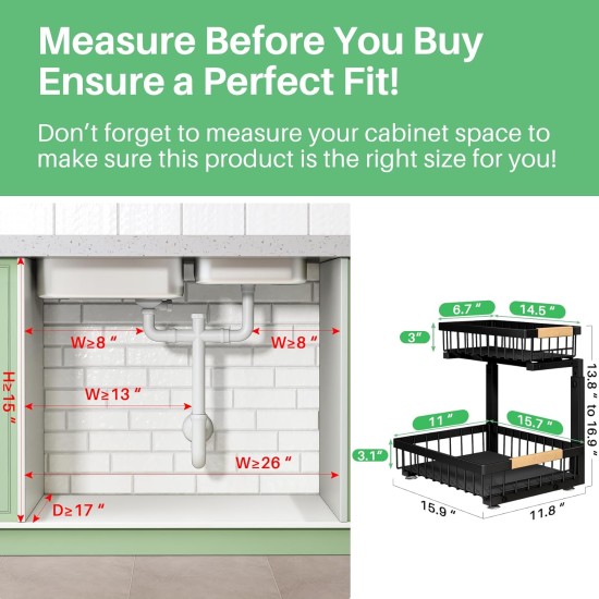 Kitstorack Under Sink Organizer, 2 Tier Under the Sink Storage, Slide out Pull out Cabinet Organizer Shelf, Metal Sliding Drawer for Kitchen Bathroom Pantry Closet Organization Rack, Black, 2 Pack