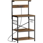SUPERJARE Kitchen Bakers Rack with Power Outlet, Coffee Bar Table 4 Tiers, Kitchen Microwave Stand with 6 S-Shaped Hooks, Storage Shelf Rack for Spices, Pots and Pans - Rustic Brown