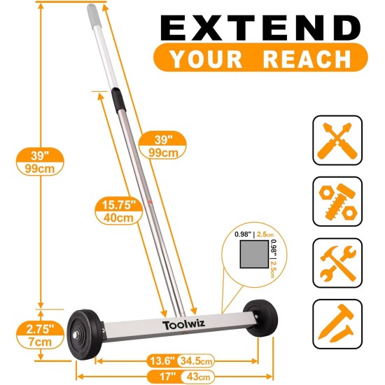 Toolwiz Magnetic Pick Up Sweeper 17-inch Heavy Duty Magnet Pickup Lawn Sweeper Roofing Tools, 8.8 Lbs Yard Magnet with Telescoping Holder and Wheels to Pick Up Nails Magnetic Sweeper for Construction