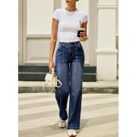 Sidefeel Women's Wide Leg Jeans High Waisted Stretchy Straight Leg Jeans Trendy Seamed Front Loose Denim Pants Sidefeel Women's Wide Leg Jeans High Waisted Stretchy Straight Leg Jeans Trendy Seamed Front Loose Denim Pants