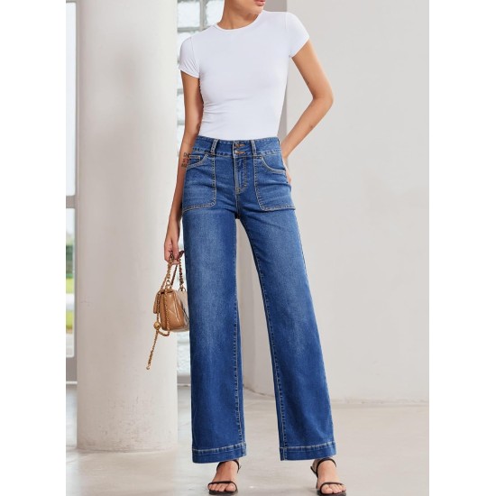Sidefeel Women's Wide Leg Jeans High Waisted Stretchy Tummy Control Straight Leg Denim Pants